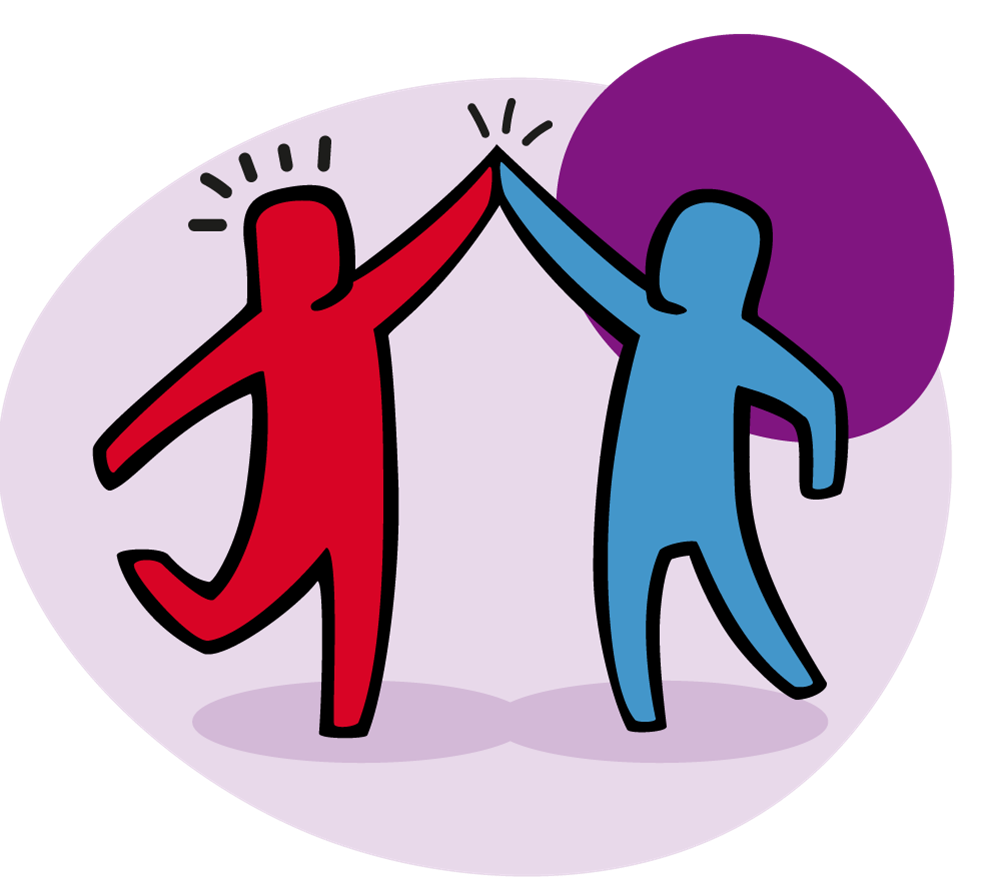 Two cartoon figures high-fiving, one red, one blue