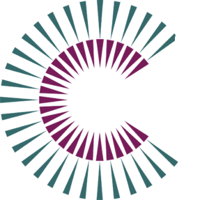 The Crawley Social Prescribing logo, an incomplete circle in the shape of a C made up of turquoise and purple triangles